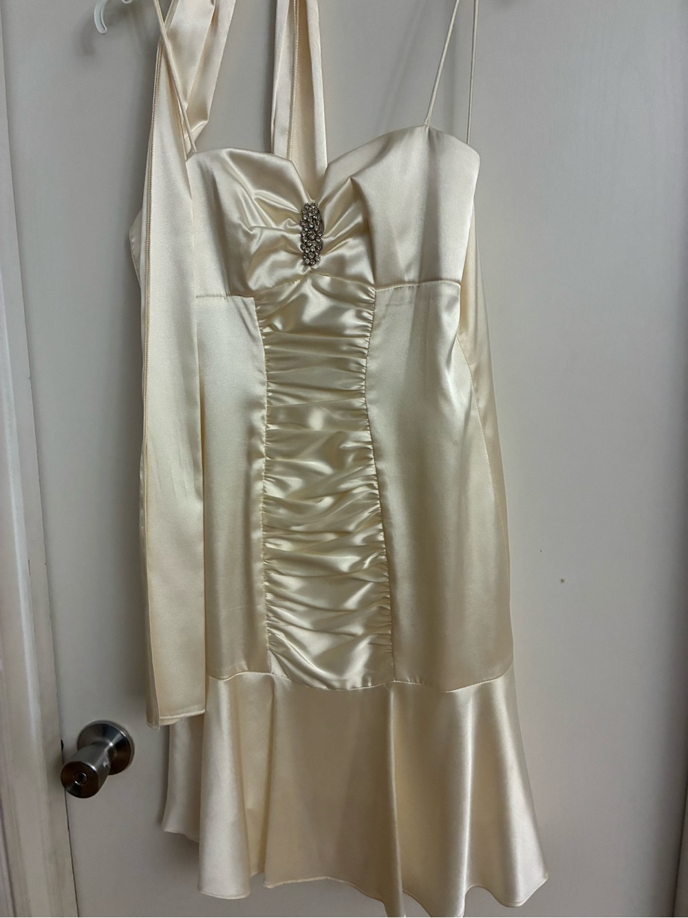 Ivory Satin Ruched Prom Mini Dress with Rhinestone Accent